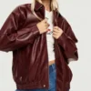 Stylish Oversized Burgundy Leather Bomber Jacket Sale