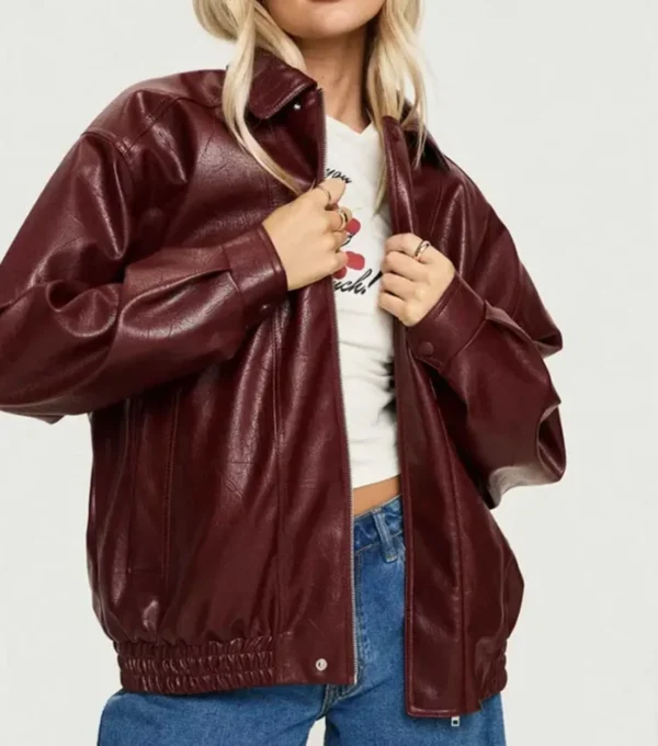 Stylish Oversized Burgundy Leather Bomber Jacket Sale