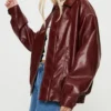 Stylish Oversized Burgundy Leather Bomber Jacket Side Look