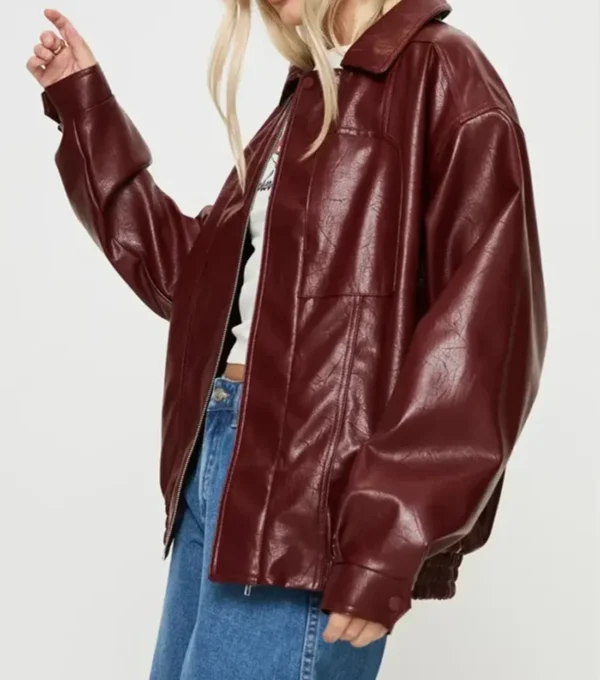 Stylish Oversized Burgundy Leather Bomber Jacket Side Look