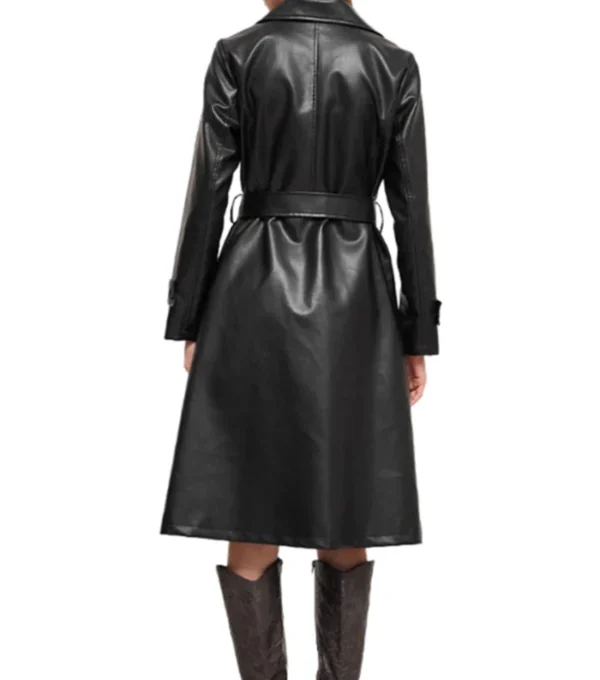 Stylish Women's Black Leather Trench Coat Back