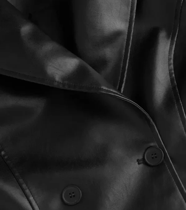 Stylish Women's Black Leather Trench Coat Button