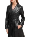 Stylish Women's Black Leather Trench Coat Front