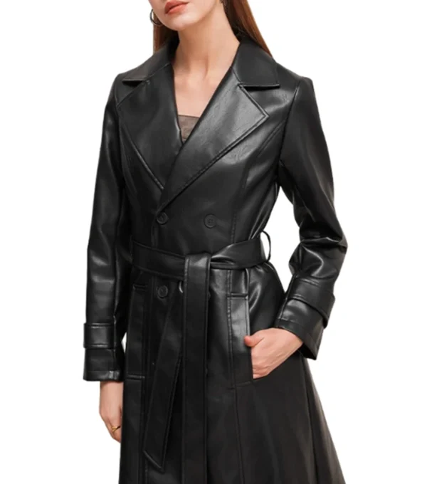Stylish Women's Black Leather Trench Coat Front