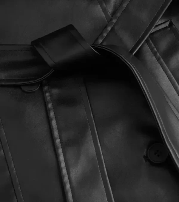 Stylish Women's Black Leather Trench Coat Side Look