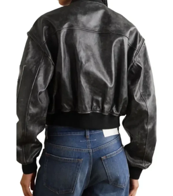 Vintage Black Leather Bomber Jacket for Women Back