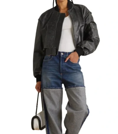 Vintage Black Leather Bomber Jacket for Women Front