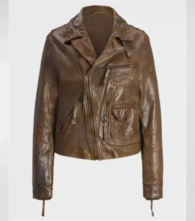 Vintage Brown Leather Biker Jacket Front