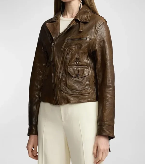 Vintage Brown Leather Biker Jacket Side Look