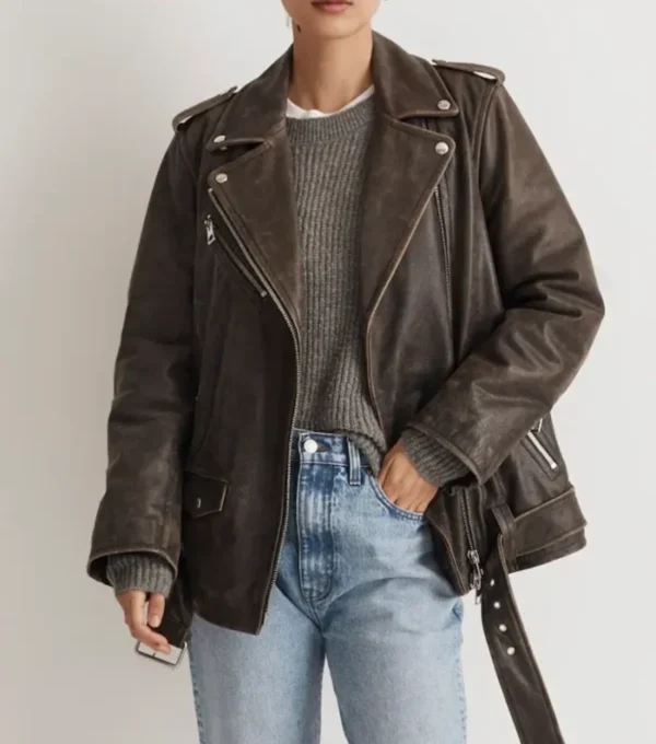 Vintage Distressed Leather Biker Jacket for Women