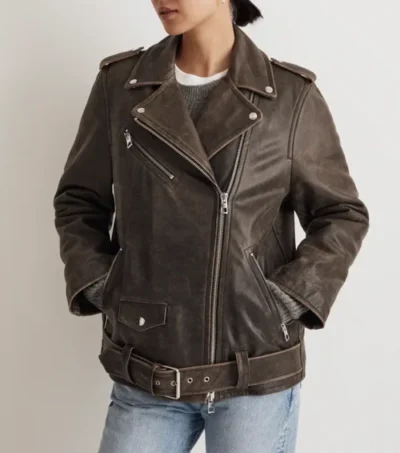 Vintage Distressed Leather Biker Jacket for Women Front
