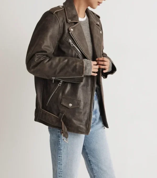 Vintage Distressed Leather Biker Jacket for Women Side Look