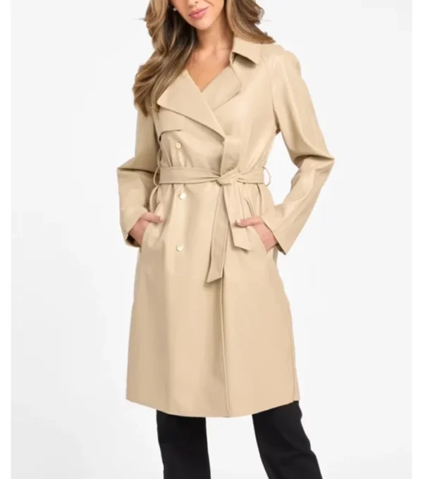 Women Beige Leather Trench Coat Classic Style