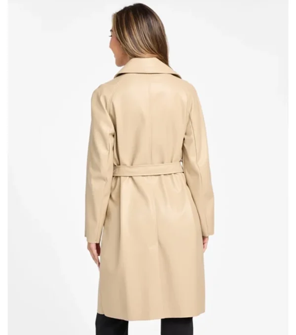 Women Beige Leather Trench Coat Classic Style Back