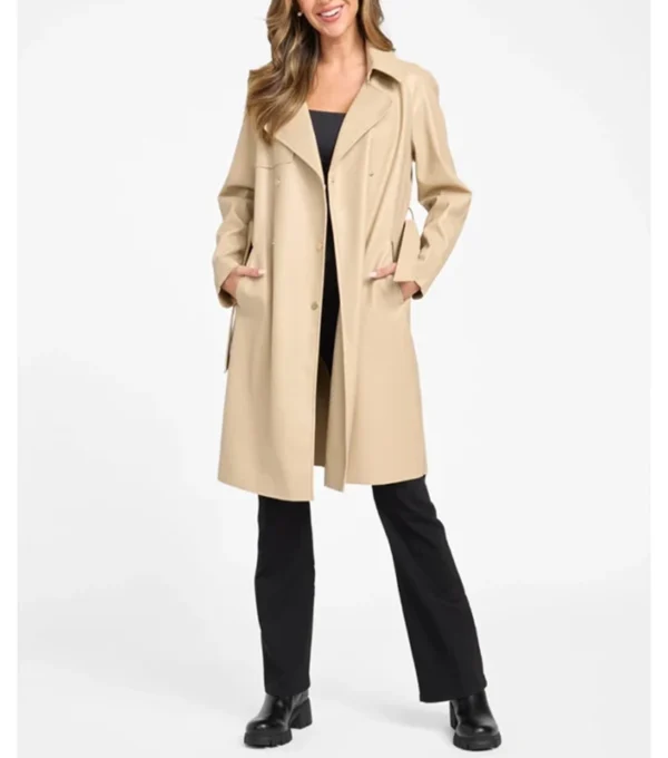 Women Beige Leather Trench Coat Classic Style on Sale