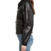 Women Black Bomber Biker Leather Jacket Side Look