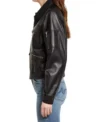 Women Black Bomber Biker Leather Jacket Side Look