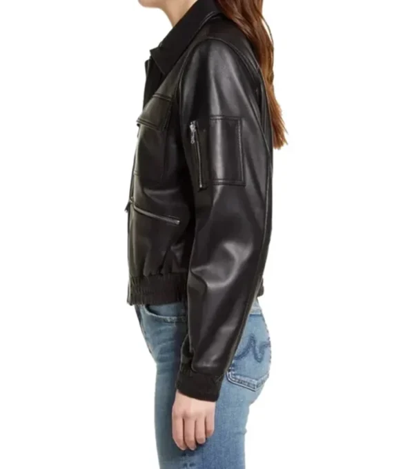 Women Black Bomber Biker Leather Jacket Side Look