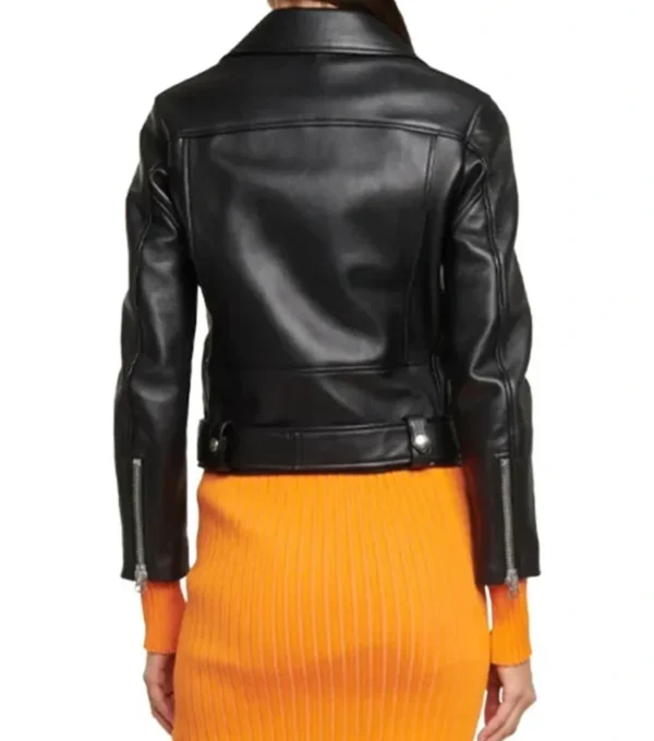 Women Black Leather Biker Jacket Back