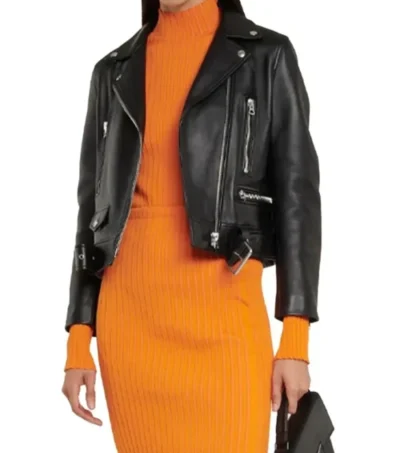 Women Black Leather Biker Jacket Front