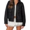 Women Black Leather Jacket with Two Big Pockets