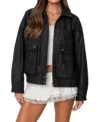 Women Black Leather Jacket with Two Big Pockets