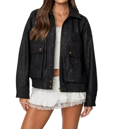 Women Black Leather Jacket with Two Big Pockets