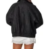Women Black Leather Jacket with Two Big Pockets Back