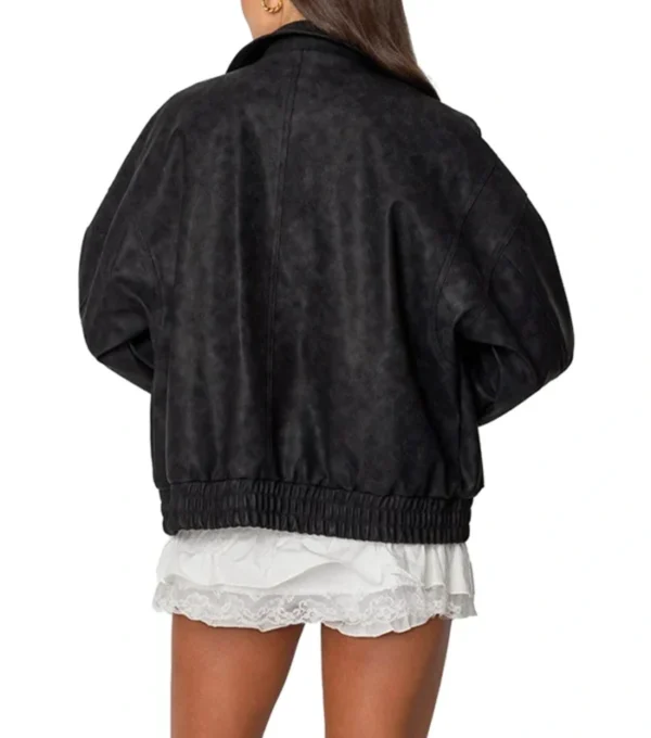 Women Black Leather Jacket with Two Big Pockets Back