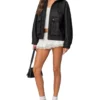 Women Black Leather Jacket with Two Big Pockets Front