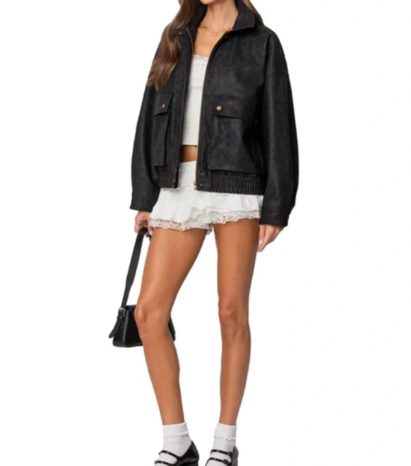 Women Black Leather Jacket with Two Big Pockets Front