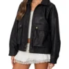 Women Black Leather Jacket with Two Big Pockets Side Look