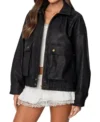 Women Black Leather Jacket with Two Big Pockets Side Look