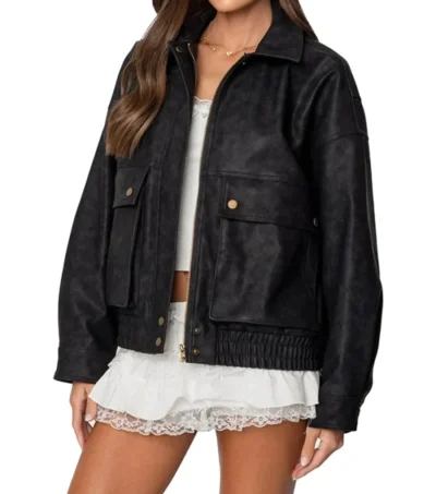 Women Black Leather Jacket with Two Big Pockets Side Look