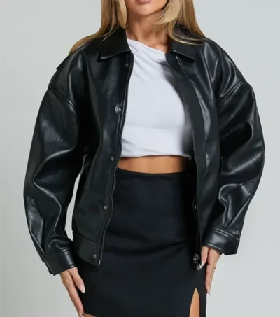 Women Black Oversized Leather Jacket