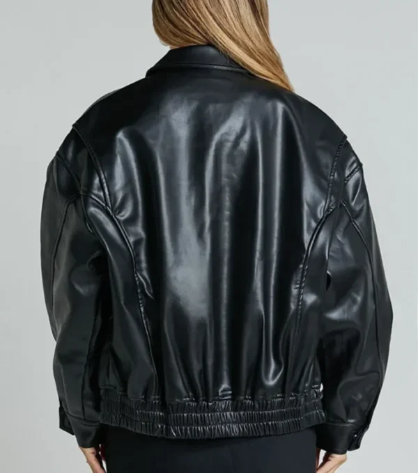 Women Black Oversized Leather Jacket Back