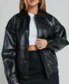 Women Black Oversized Leather Jacket Front