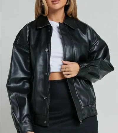 Women Black Oversized Leather Jacket Front