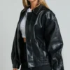 Women Black Oversized Leather Jacket Side Look