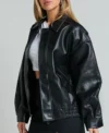 Women Black Oversized Leather Jacket Side Look