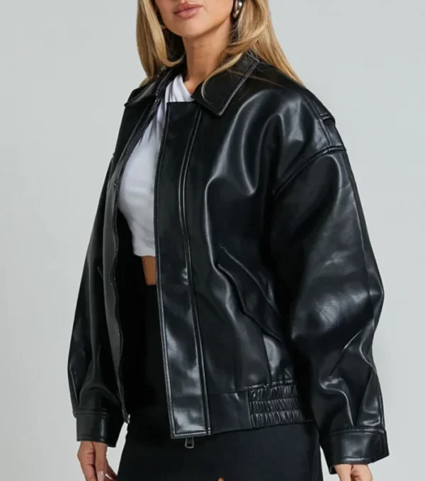Women Black Oversized Leather Jacket Side Look