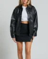 Women Black Oversized Leather Jacket on Sale