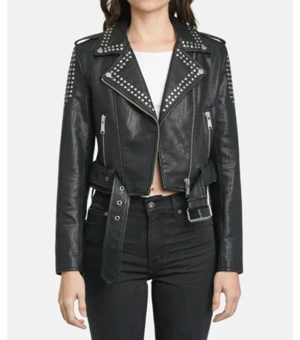 Women Black Studded Biker Leather Jacket