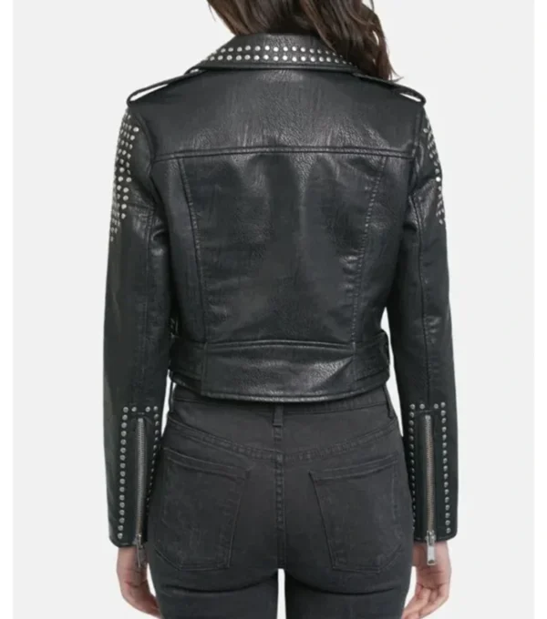 Women Black Studded Biker Leather Jacket Back