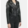 Women Black Studded Biker Leather Jacket Side Look