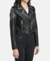 Women Black Studded Biker Leather Jacket Side Look