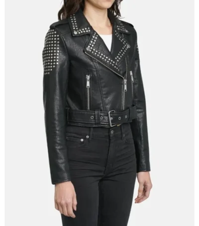 Women Black Studded Biker Leather Jacket Side Look