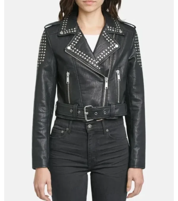 Women Black Studded Biker Leather Jacket on Sale