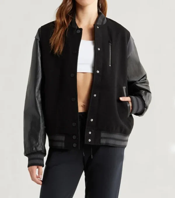 Women Black and Grey Varsity Wool Jacket Front