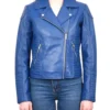 Women Blue Biker Zipper Leather Jacket